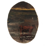 Miniature Antique Oil on Canvas Cow Painting in Silhouette Frame