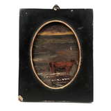 Miniature Antique Oil on Canvas Cow Painting in Silhouette Frame