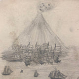 Willis Hutchinson 1883 Double-Sided Sketchbook Drawing: Houses, Boat, Volcano!