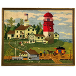 Farmhouse with Lighthouse and Train Station Vintage Needlepoint