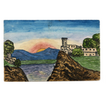 Sunrise over Mountains, Castle on Cliff, Antique Hand-drawn Postcard