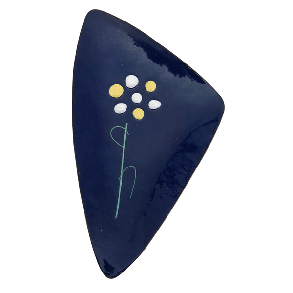 Painted Enamel on Copper Blue Triangular Shaped Dish with Flower