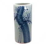 Japanese 1940s Tall Celadon Porcelain Vase with Blue Tree and Moriage Blossoms