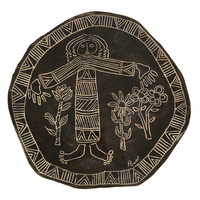 Slab Pottery Plate with Sgraffito Earth Mother and Flowers