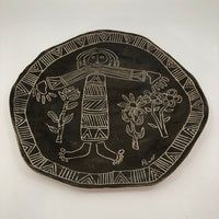 Slab Pottery Plate with Sgraffito Earth Mother and Flowers