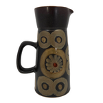 Mid-Century Dark Brown Ceramic Pitcher with Hand-Painted Circles and Suns